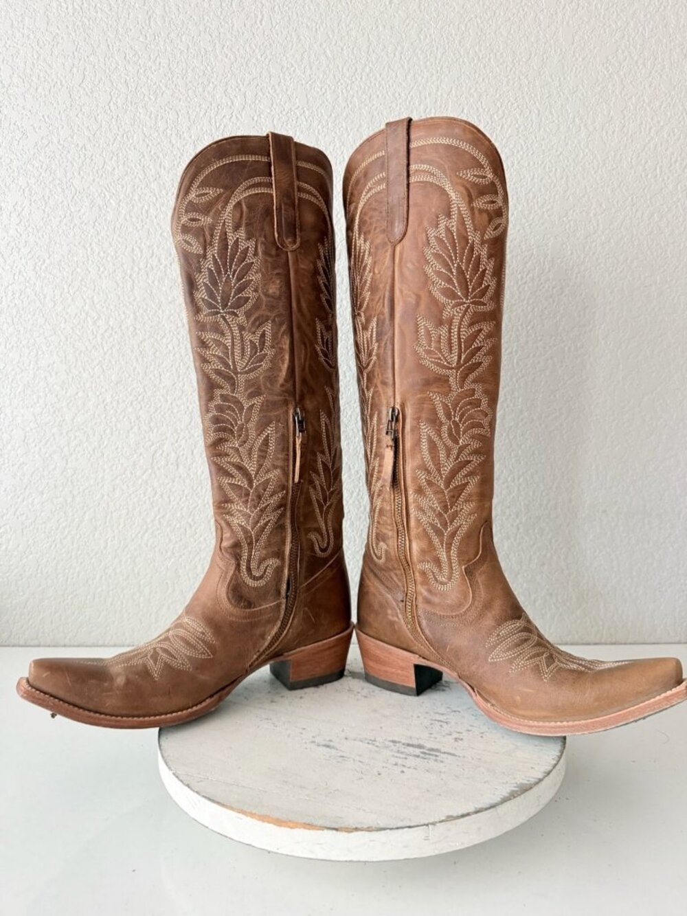 Lane SANDAGA Knee High Brown Cowboy Boots Womens 9 Western Tall Zipper Snip Toe - Picture 8 of 13